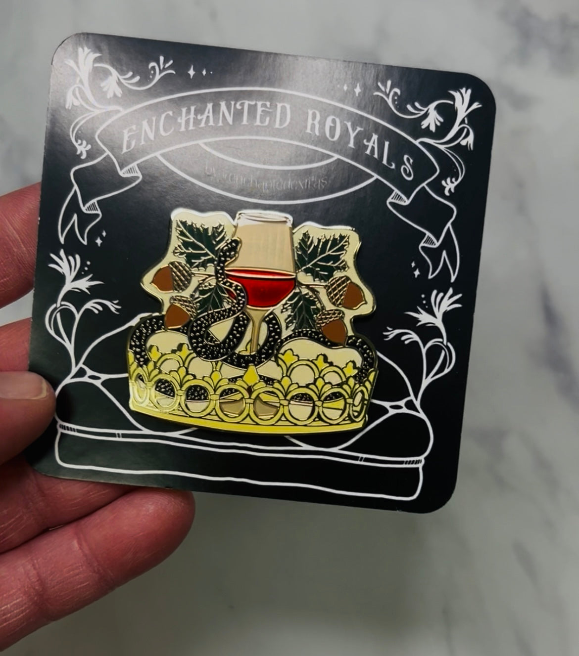Cardans Crown Enamel Pin 2 Inch with Crown Snake and Glass of Wine Inspired Pin for Fans of The Cruel Prince Folk of the Air