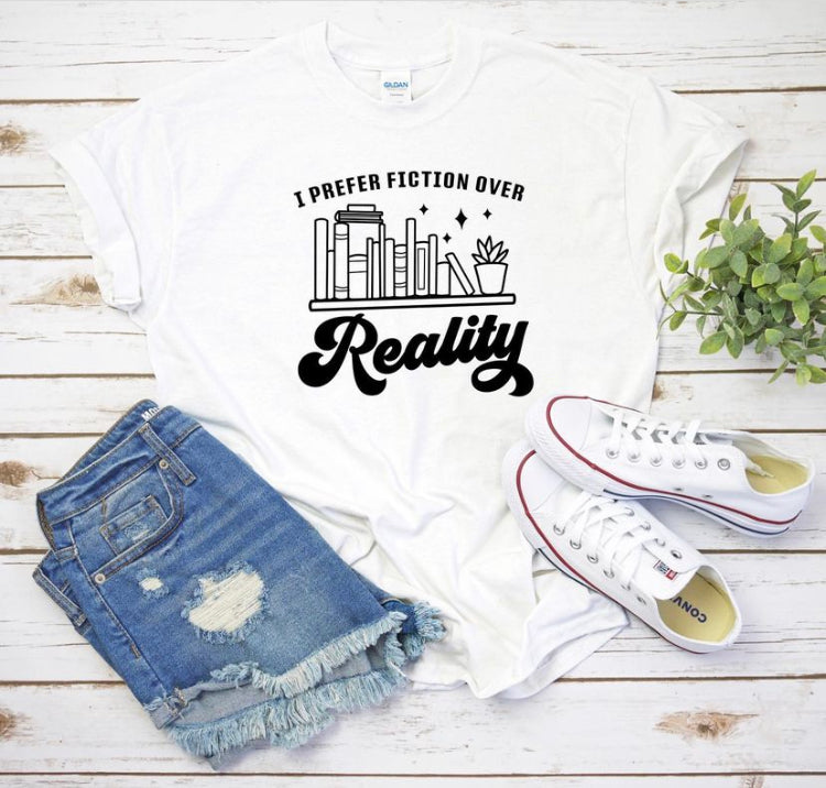 I Prefer Fiction Over Reality Unisex Heavy Cotton Tee Bookish T Shirt Gift For Her Reader Gift For Him Book Lovers Apparel Best Friend Gift