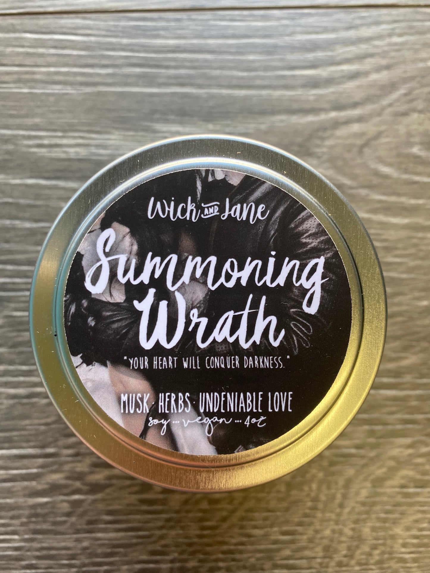 Summoning Wrath Kingdom of the Wicked Wick and Jane 4 oz Tin Candle