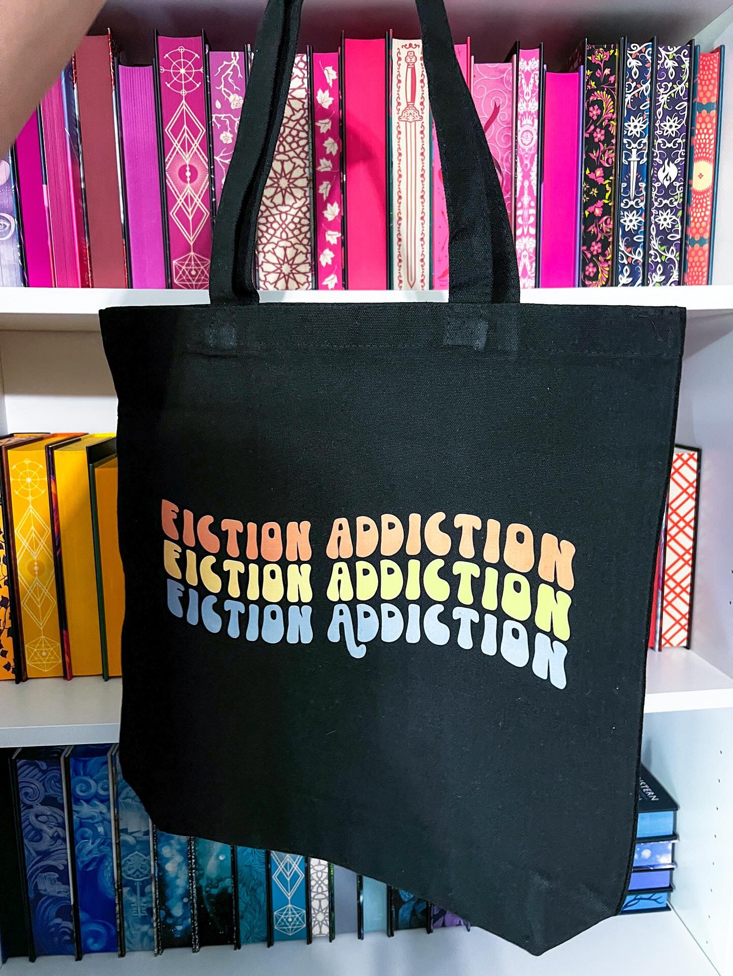 Fiction Addiction Tote Bag Gusset Bottom Reader Gifts for Book Lover Flat Bottom Totebag Bookish Sayings