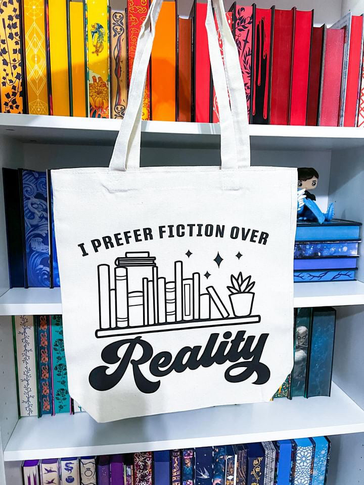 I Prefer Fiction Over Reality Canvas Tote Bag Gusset Bottom Bookish Flat Bottom Totebag Bookish Gifts For Readers