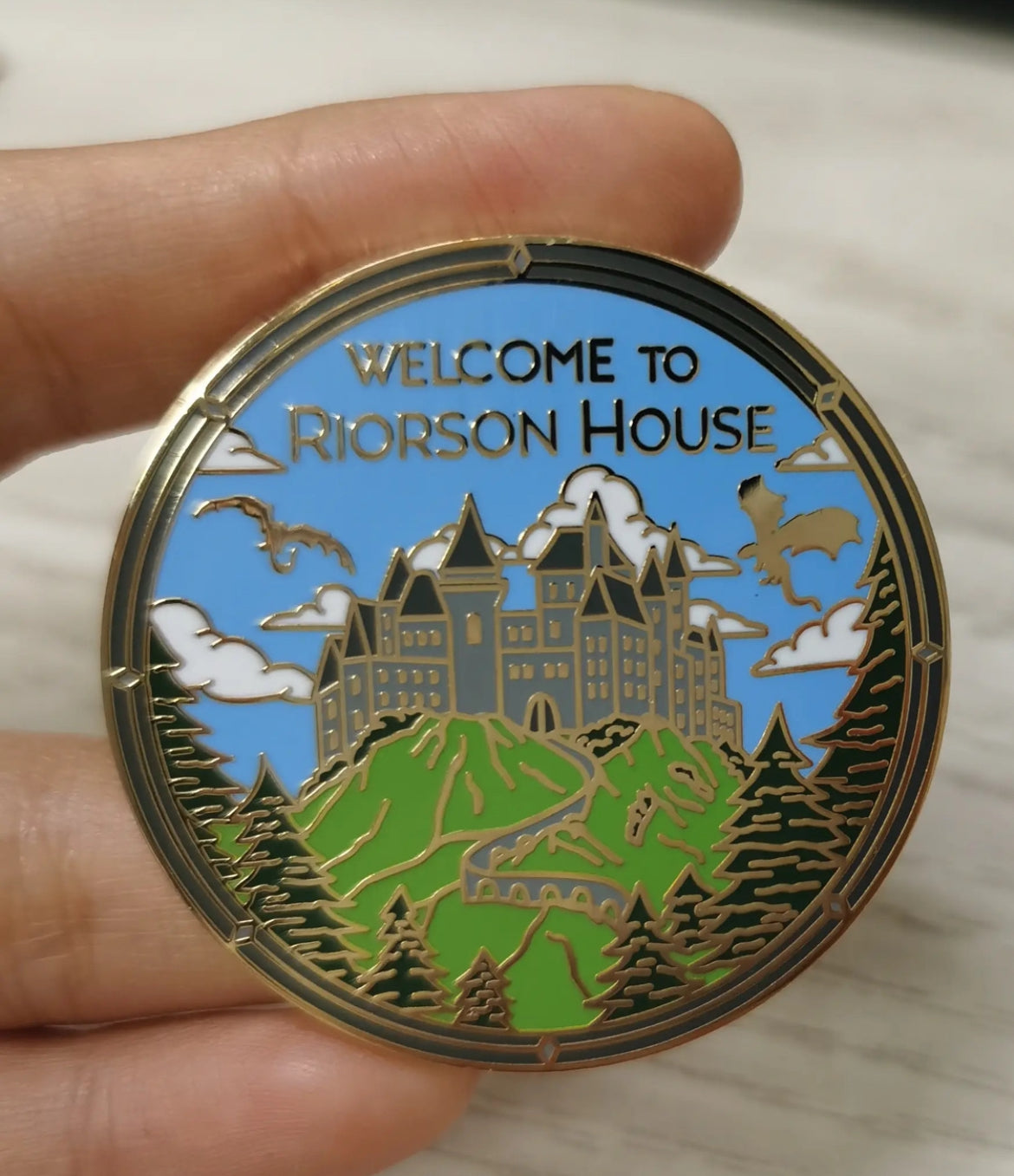 Welcome to Riorson House Enamel Pin 1.75 inches Gold Plating Double Post Fourth Wing Iron Flame Onyx Storm Bookish Merch Gifts For Readers