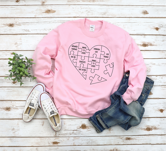Book Trope Sweatshirt Heart Puzzle Enemies To Lover Crewneck Bookish Merch Cozy Apparel Reader Gift One Bed Love Triangle Book Lover Gifts