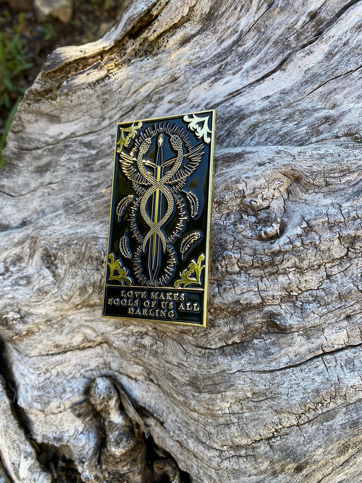 Serpent and Dove Enamel Pin Black and Gold Love Fools